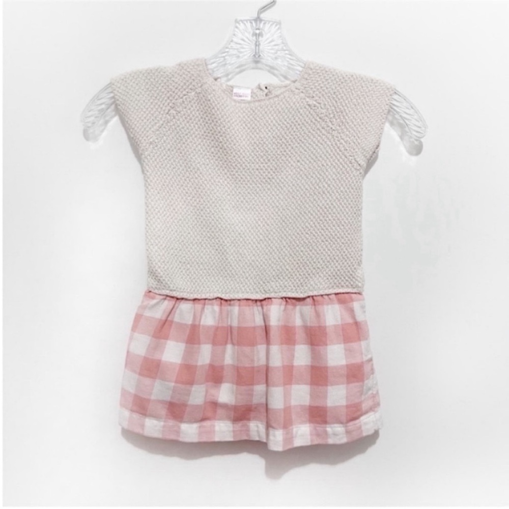 Zara BabyGirl sweater dress tan red gingham knit cap sleeves drop waist - Picture 2 of 8
